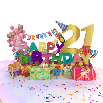 21st Happy Birthday With Presents And Balloons Pop-Up Card